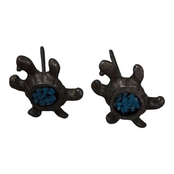 Vintage Sterling Silver Crushed Inlaid Turquoise Turtle Earrings Small Post READ - Picture 3 of 6